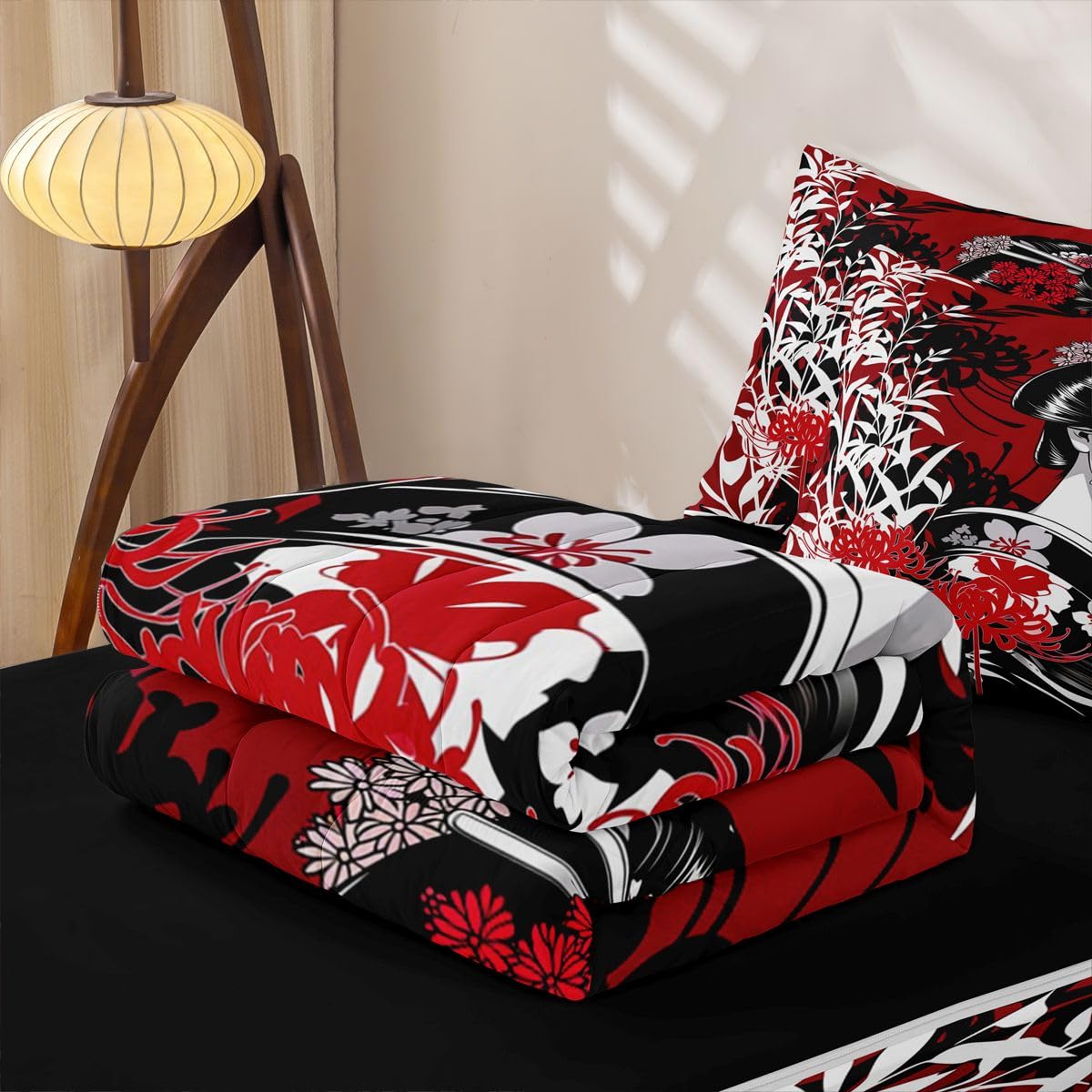 Erosebridal Geisha Beauty Kids Comforter Set with Zipper, Japanese Style Twin Size Zipper Bedding Set, Traditional Geisha Bamboo Flowers Bed-in-A-Bag