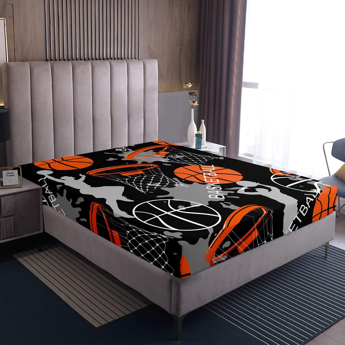 Feelyou Basketball Fitted Sheet for Kids Boys Girls Teens Sport Theme 3D Basketball Star Bed Sheet Set Skin-Friendly Microfiber Bed Cover Decor 3Pcs Bedding Set with 2 Pillowcases Full