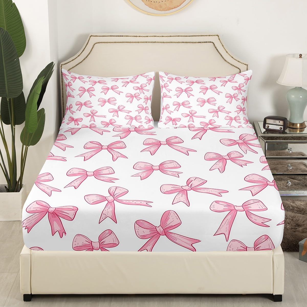 Feelyou Bowknot Fitted Sheet Full Size, Kids Pink Bowknot Bed Sheet Set Girls Decor Bedding Set Kawaii Bed Cover with 2 Pillow Case (No Flat Sheet)