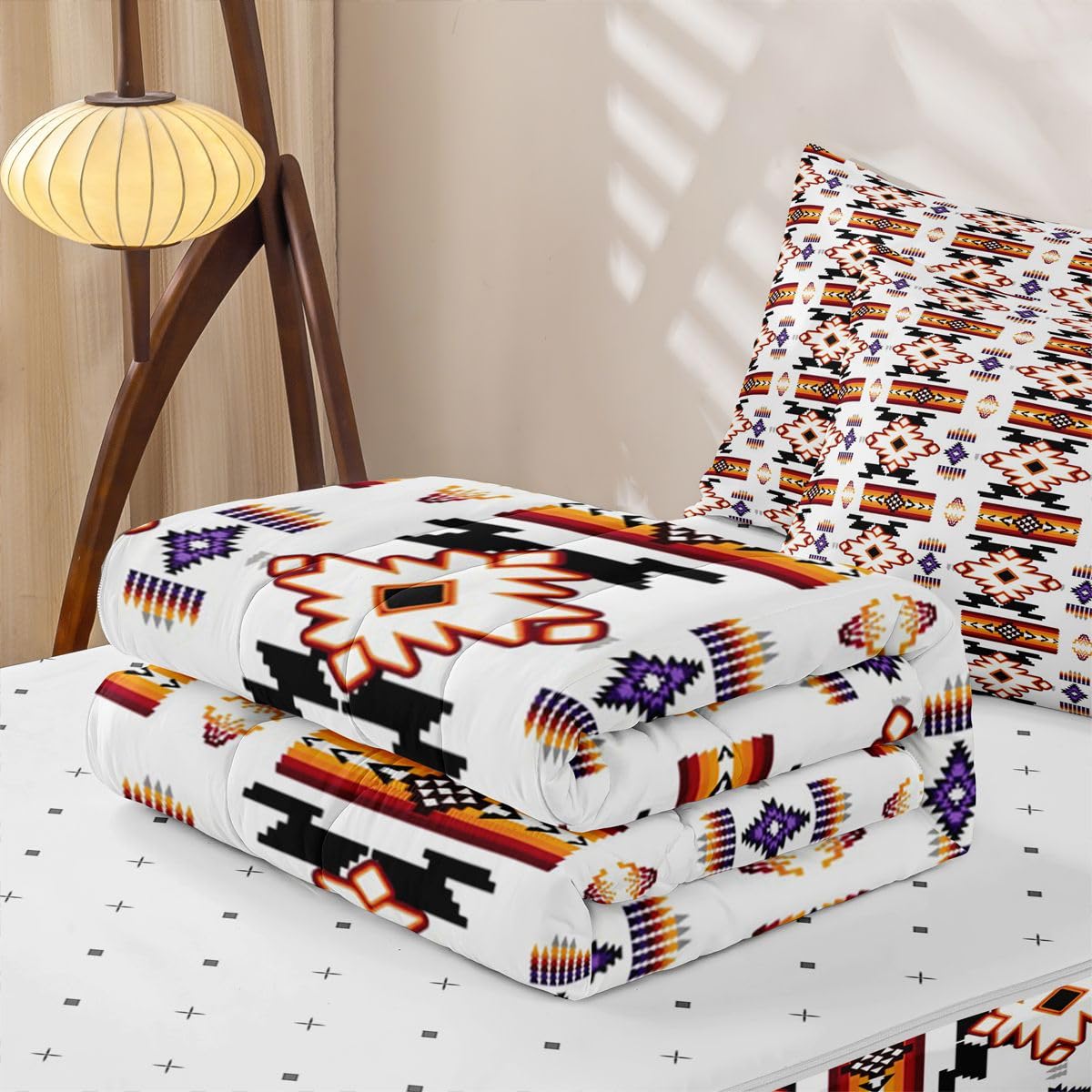 Erosebridal Western Aztec Zipper Bedding Queen Vintage Geometric Zip Up Bedding Set for Boys and Kids, Boho Western Bed in a Bag Native American Rustic Farmhouse Comforter Set with Sheets White