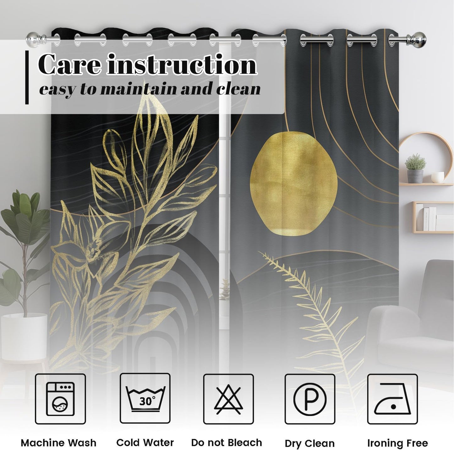 soeeao Black and Gold Blackout Curtains, Masculine Gold and Black Mid Century Modern Window Drapes for Mens Bedroom Living Room, 84 inch Length 2 Panels Set, 52x84 inch