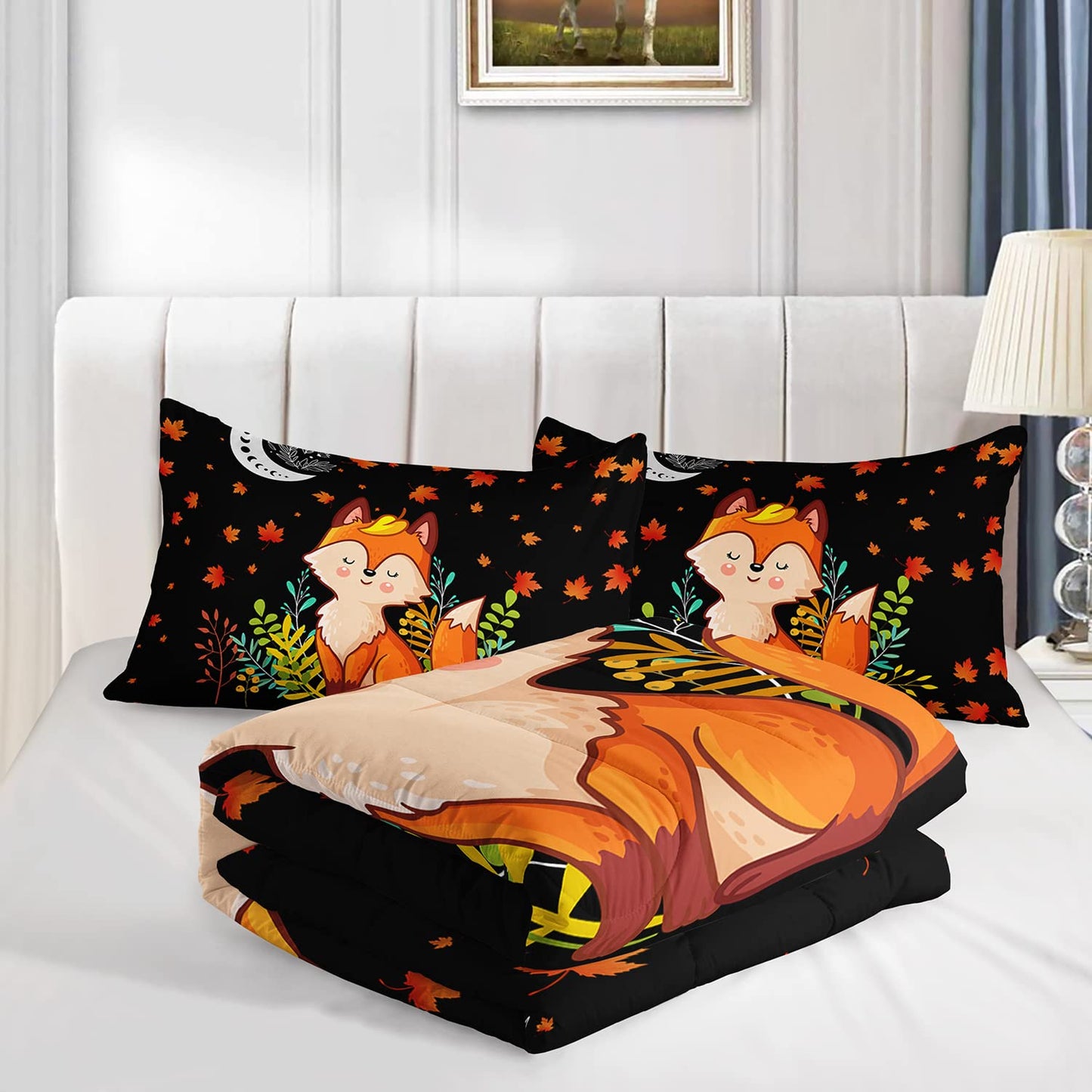 XYNHML Cartoon Fox Comforter Set 3-Pieces Cute Fox Bedding Set Moon Plants Leaves Printed Quilt Set for Kids Boys Girls with 2 Pillowcases Full