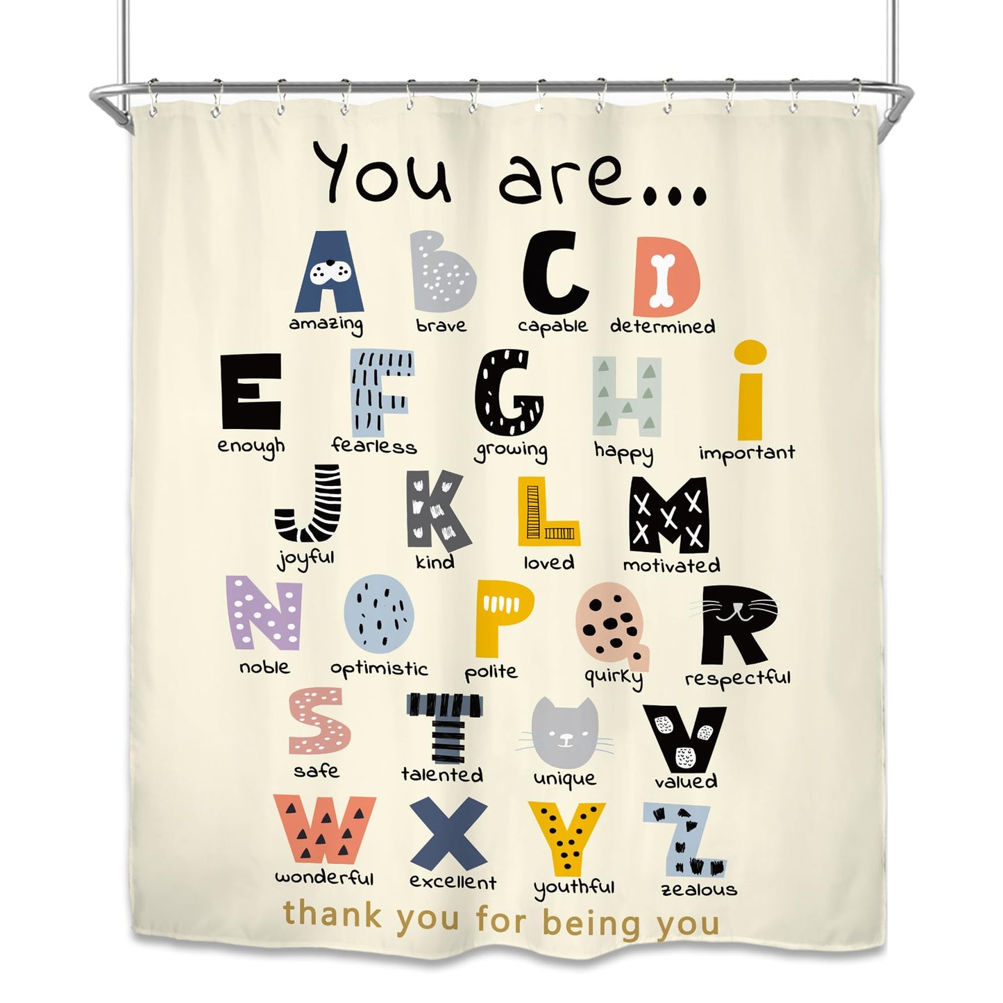 Miyotaa ABC Alphabet Quotes Shower Curtain Set 60Wx71H Inches Positive Inspirational Motivational You are Learning Educational Kids Polyester Waterproof Cloth Bathroom Curtain with 12 Hooks