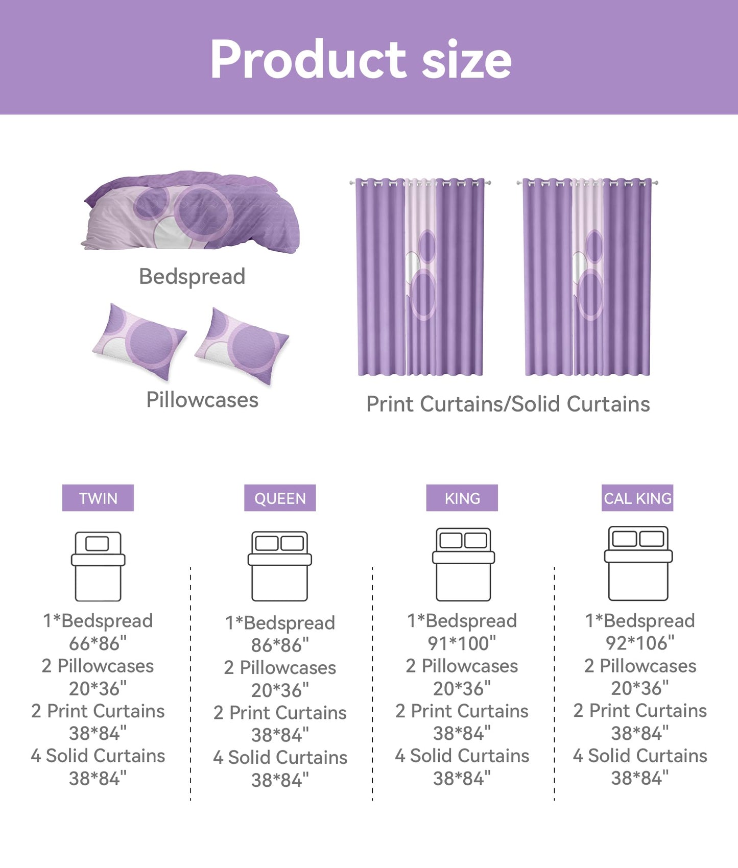 Hercastlè 9pcs Wrinkle-Resistant Microfiber Bedspread Lightweight Comforter Set and Pillowcases with Matching Coordinated Curtains Bed Cover Bedding Sets in a Bag Queen Size Violet Pink Round Graphic