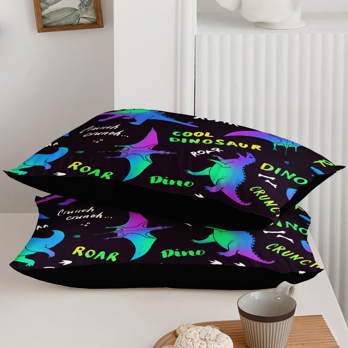 QOOMO Jurassic Dinosaur Comforter Queen Size, Black Cartoon Animals Kids Bedding Set, Suitability Girs and Boys Black Decorate a Room 1 Comforter Set 2 Pillowcases