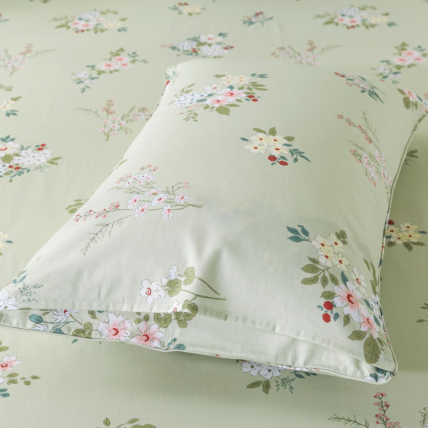 FADFAY Queen Sheet Set Floral Bed Sheets Percale Cotton Botanical Deep Pocket Sheets Sage Green Flower Printed Luxury Bedding Super Soft Breathable for Queen Size Bed 4 Pcs