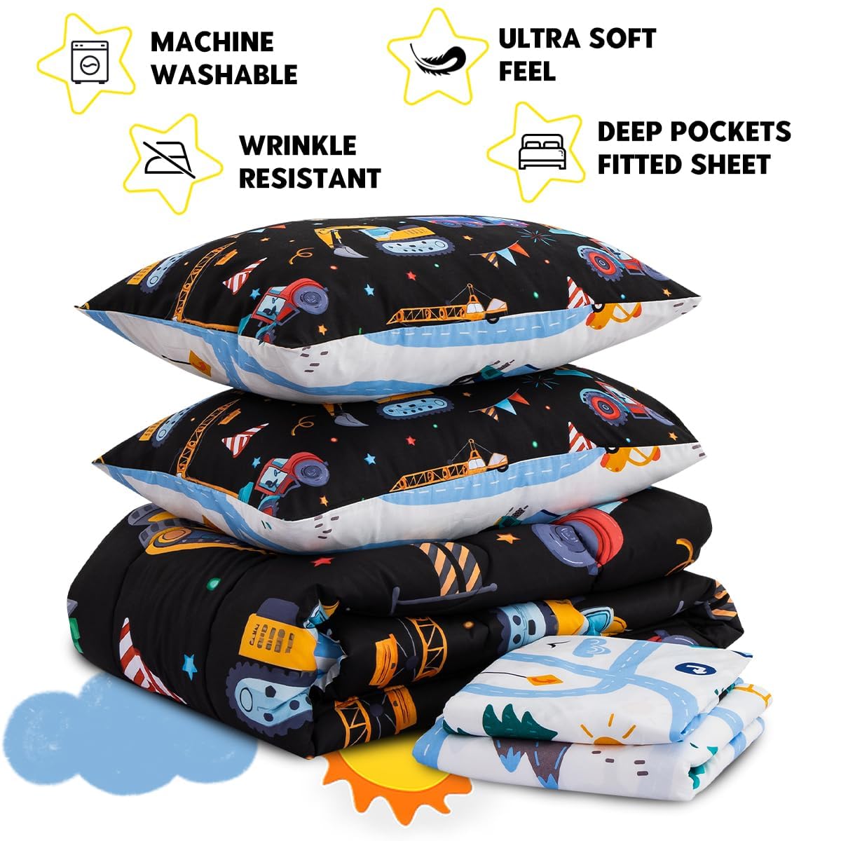 Holawakaka Trucks Tractors Cars Boy Bedding Comforter Set with Sheets, Twin Size Cartoon Construction Car Excavator Print Kids Bed in A Bag 5-Piece, Boys Reversible Dorm Bed Sets (Black Twin)