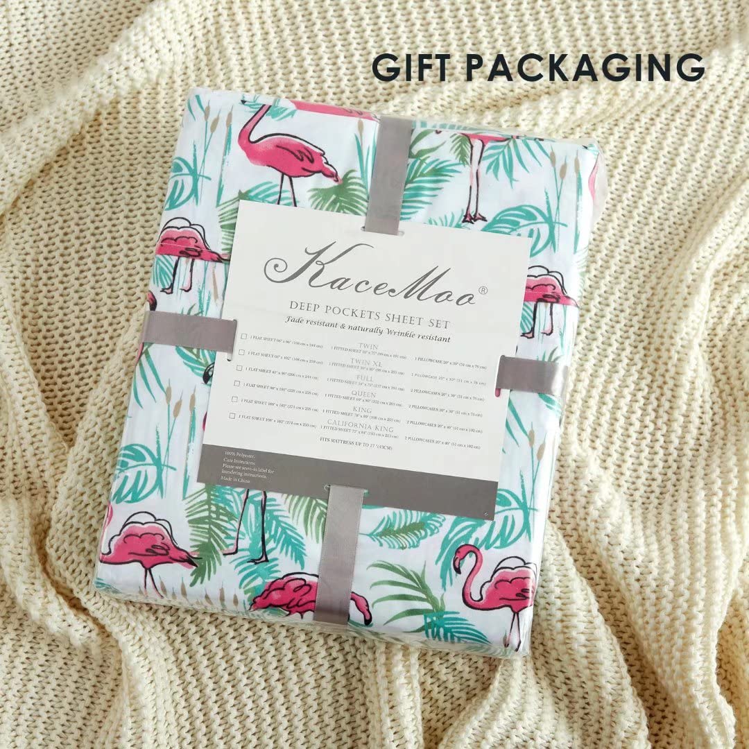 KACEMOO King Sheets Set 4PC - Soft Cooling 1800 Thread Count Micro Boho Printed Bed Sheet, 17 Inch Deep Pocket Breathable, Wrinkle Free, Machine Washable Flamingo Plants Patterned Double Bedding