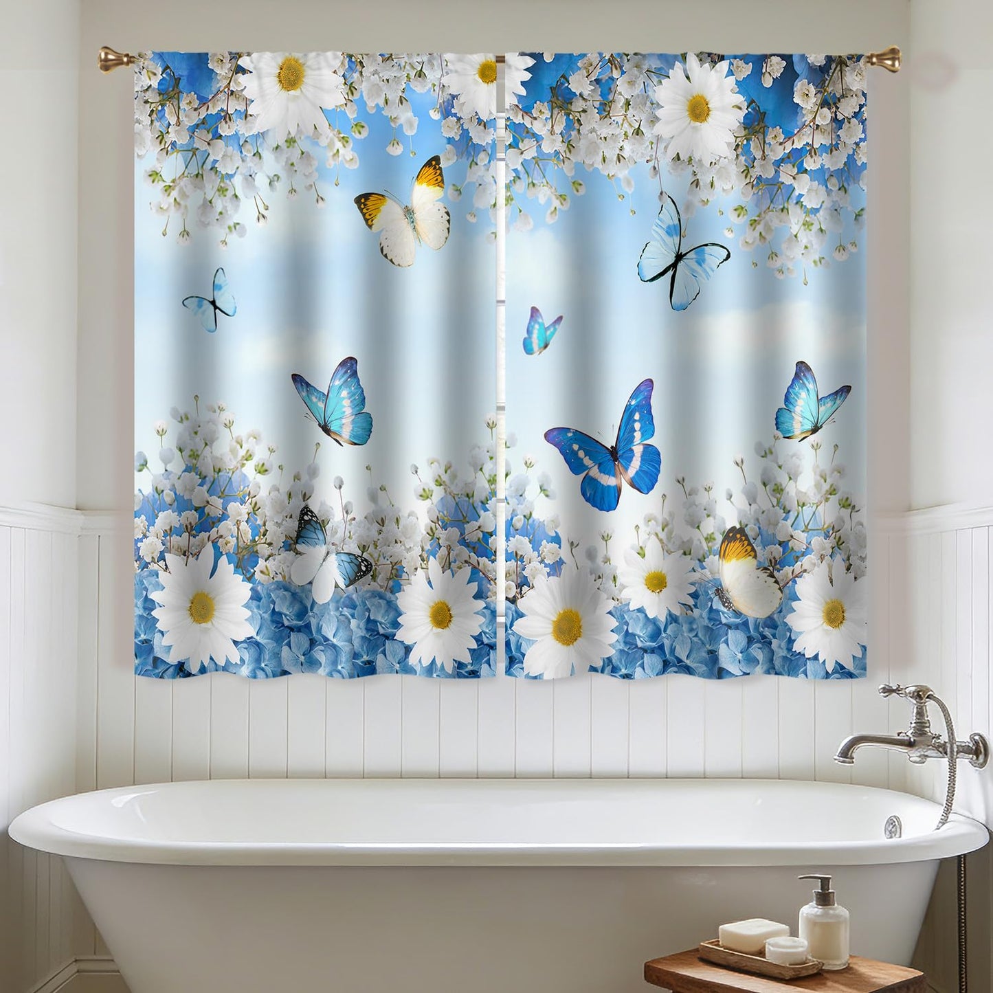 Cizuug Floral Butterfly Curtain for Kitchen & Bathroom Curtains - Daisy Floral Pattern Spring Cafe & Bedroom Short French Door Curtains 2 Panels (27.5x39 Inch)
