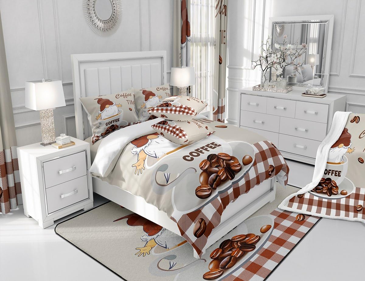 Manfei Coffee Fitted Sheet Twin Size, Gnome Coffee Time Bed Cover with 1 Pillowcase, Brown Plaid Farmhouse Bedding Set 2pcs for Kids Boys Girls Room Decor, Soft Polyester Bedding