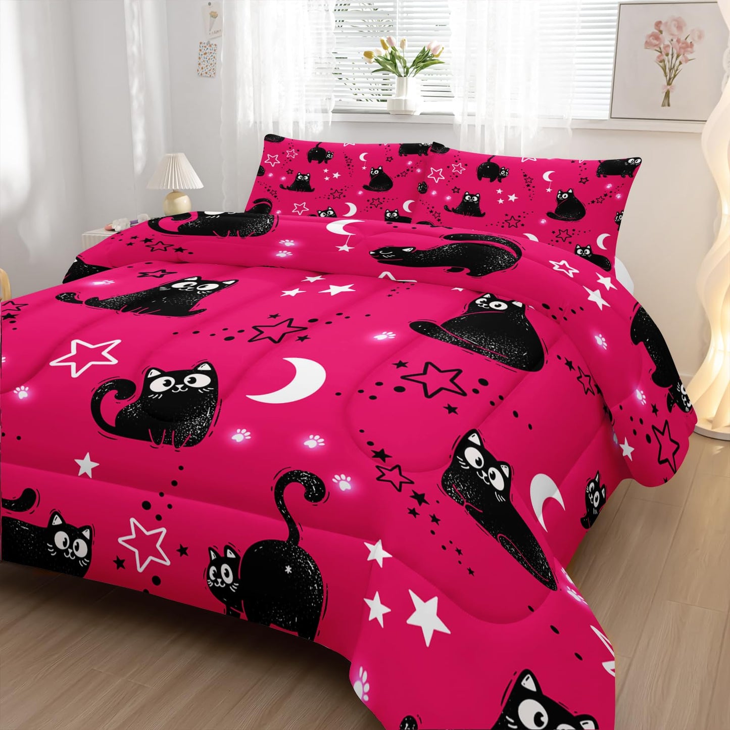 Nttopship Pink Cartoon Cat Comforter Twin Size,Black Cats Moon Night Starry Sky Quilt Set for Girls Boys Teens Animals Print Room Decor Soft Microfiber Comforter and 2 Pillowcases