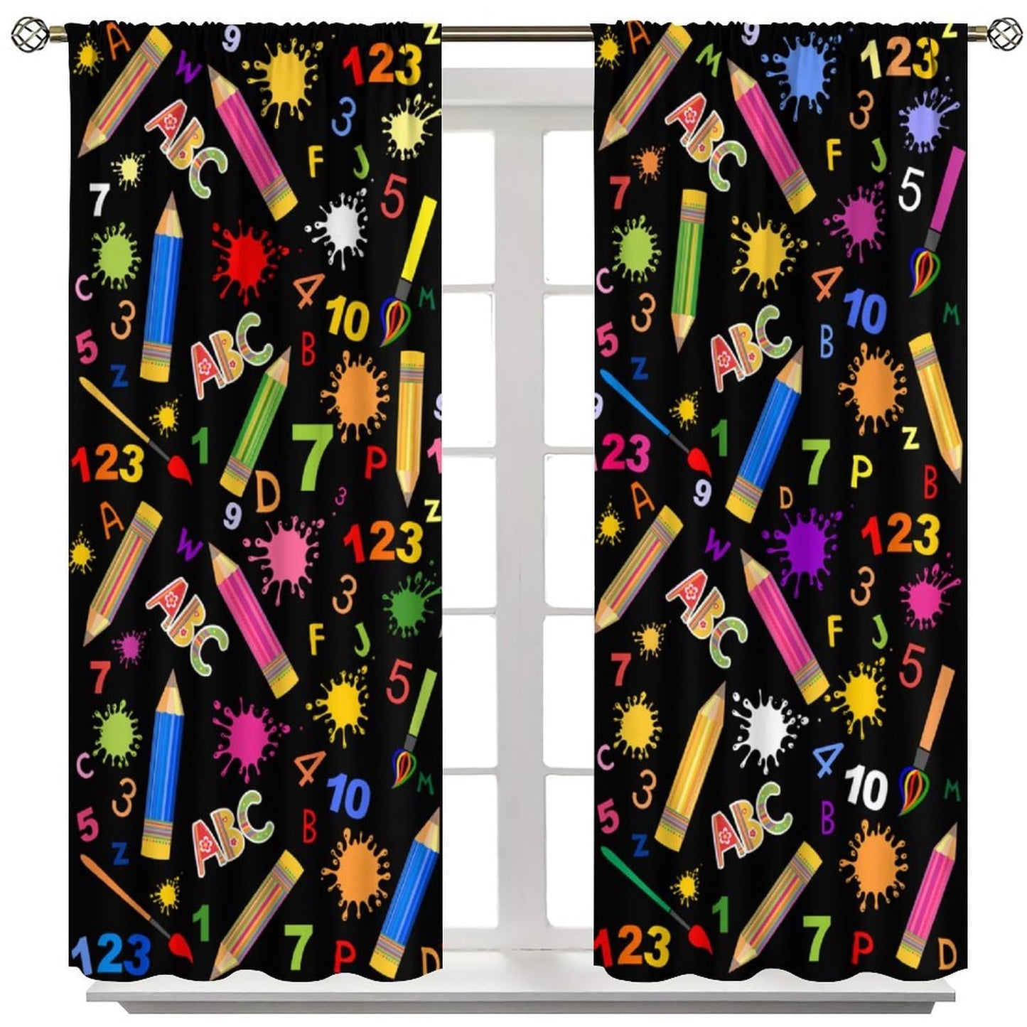 JanJCurt Back to School Curtains, Colorful Doodle Pencils ABC Numbers Cartoon Cute Supplies Stationary Print Window Treatments Curtains for Kids Bedroom Classroom, 42x45 (No Blackout)