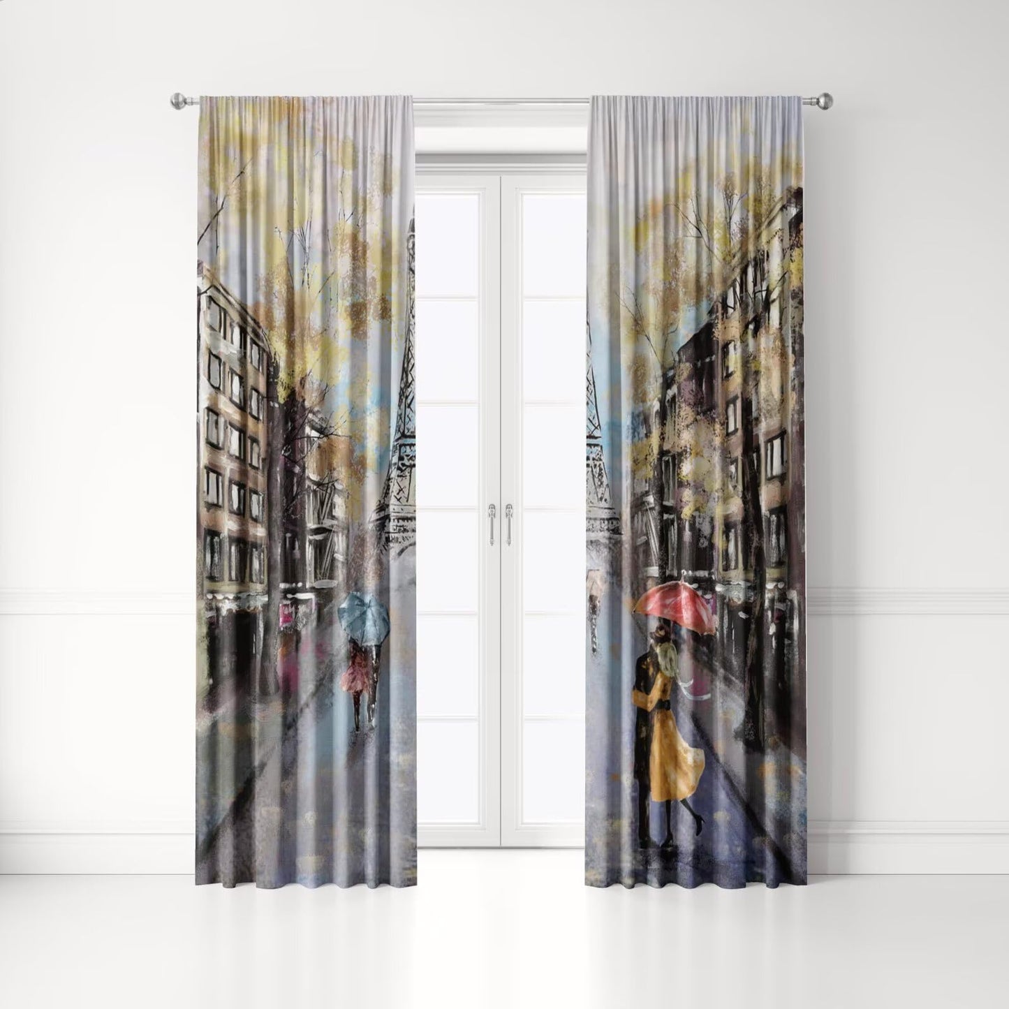 Paris Romantic Blackout Curtains for Girls, Oil Painting Autumn Lovers Kiss On Rainy France Street Eiffel Tower Print Decor Window Treatments, Drapes for Kitchen Living Room, 42 x 45 inch 2 Panels