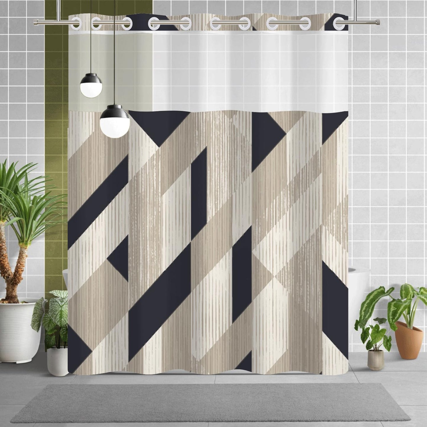 NAEMBCU No Hook Shower Curtain with Snap in Liner, Modern Black and Beige Geometric Print - Mesh Top Waterproof Double Layer Bath Tub Curtain for Contemporary Neutral Bathroom Decor, 71W x 74H