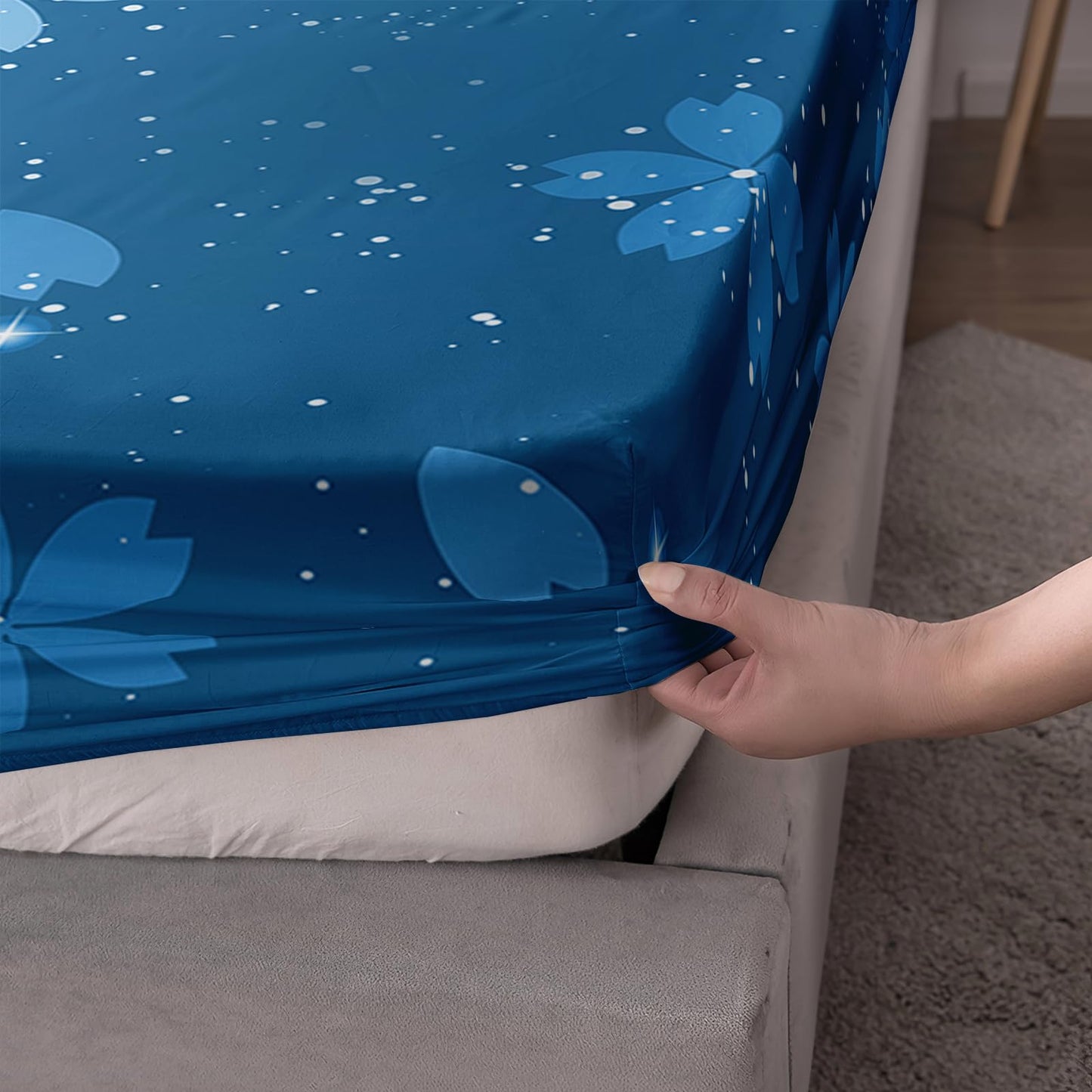 QOOMO Kawaii Axolotl Kids Sheet Set Queen Size,Cherry Print Bedding Set Lightweight All Seasons,Blue Sets for Room Decoration,1 Fitted Sheet,1 Flat Sheet,2 Pillow Cases