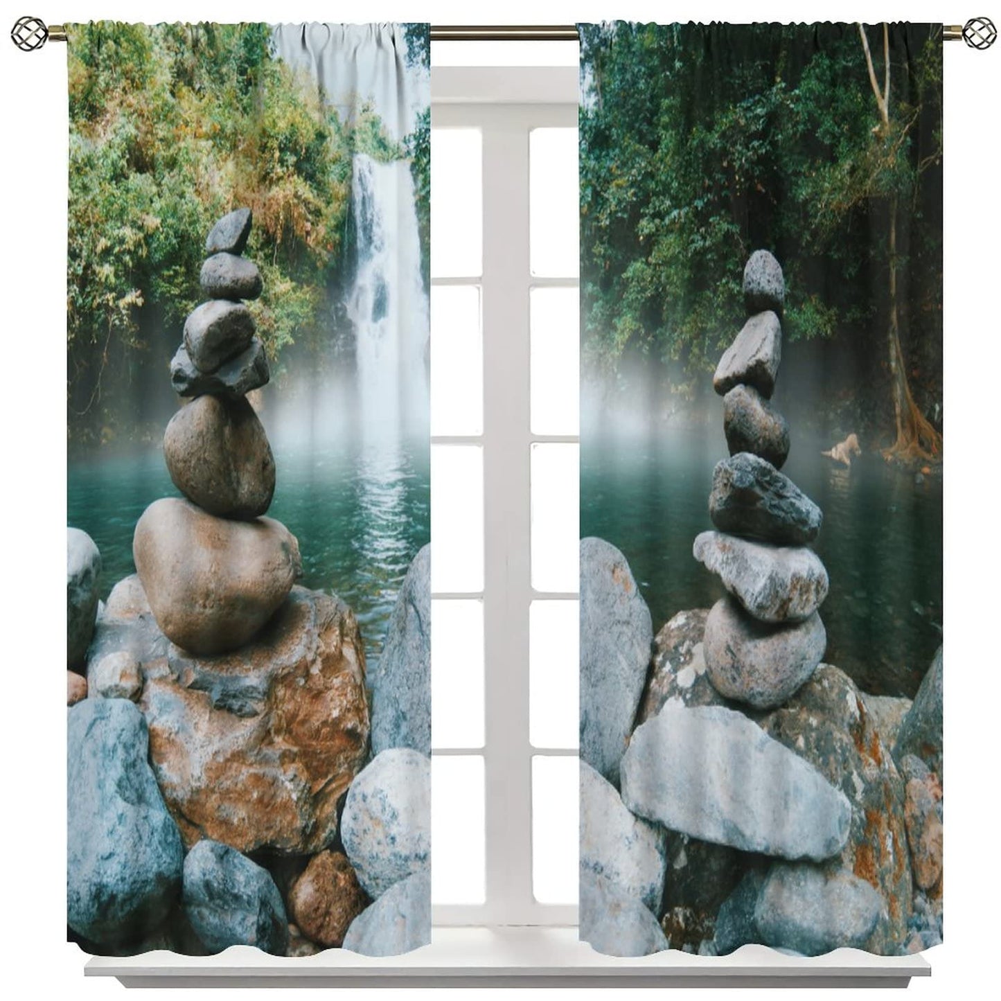 DDCBNS Natural Zen Curtains,Forest Landscape Waterfall Stone Printed Art Design Polyester Fabric Curtains for Bedroom Living Room Kitchen Rod Pocket Window Drapes 2 Panels Set,Total Size 42" x 45"