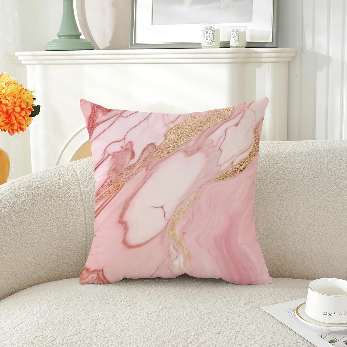 ZHLF Pack of 4,Pink Marble Throw Pillow Covers 18x18 Inch Two-Sided Pink Gold Abstract Art Modern Decorative Pillows Case Soft Cushion Covers for Couch Sofa Bed Home Living Room Décor