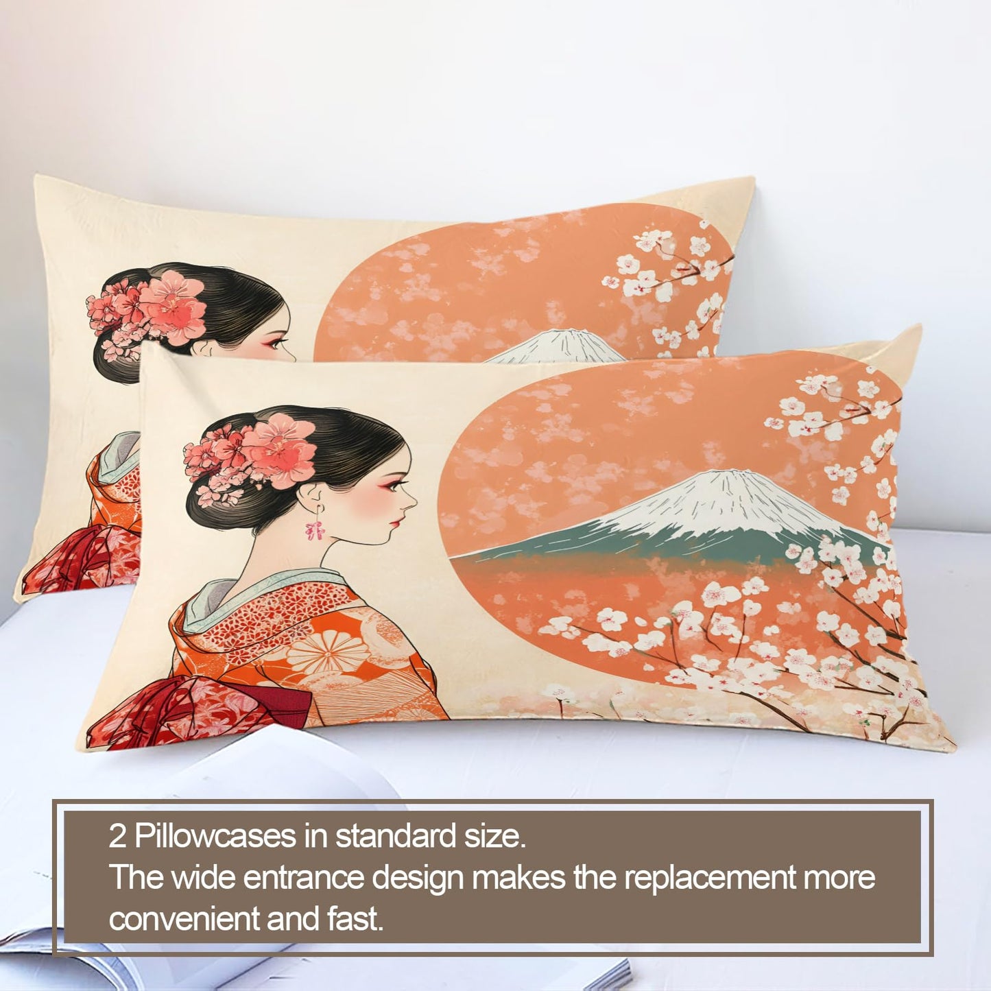 PAISUOQ Japanese Bedding, Japanese Girl Duvet Cover Full, Traditional Girl Comforter Cover with Zipper Ties, 3 Pieces with 2 Pillowcases, Home Decor & Gifts