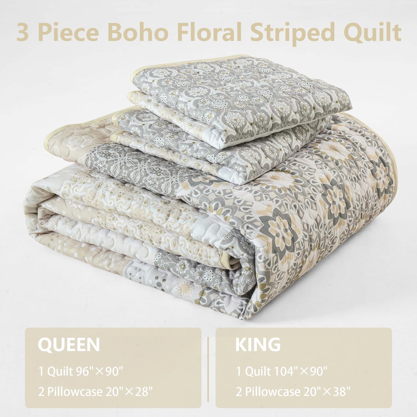 WONGS BEDDING Boho Quilt Set Queen Size,Beige Bohemian Striped Patchwork Bedspread Set,3 Pieces Microfiber Bedding Set for All Seasons (96"x90")