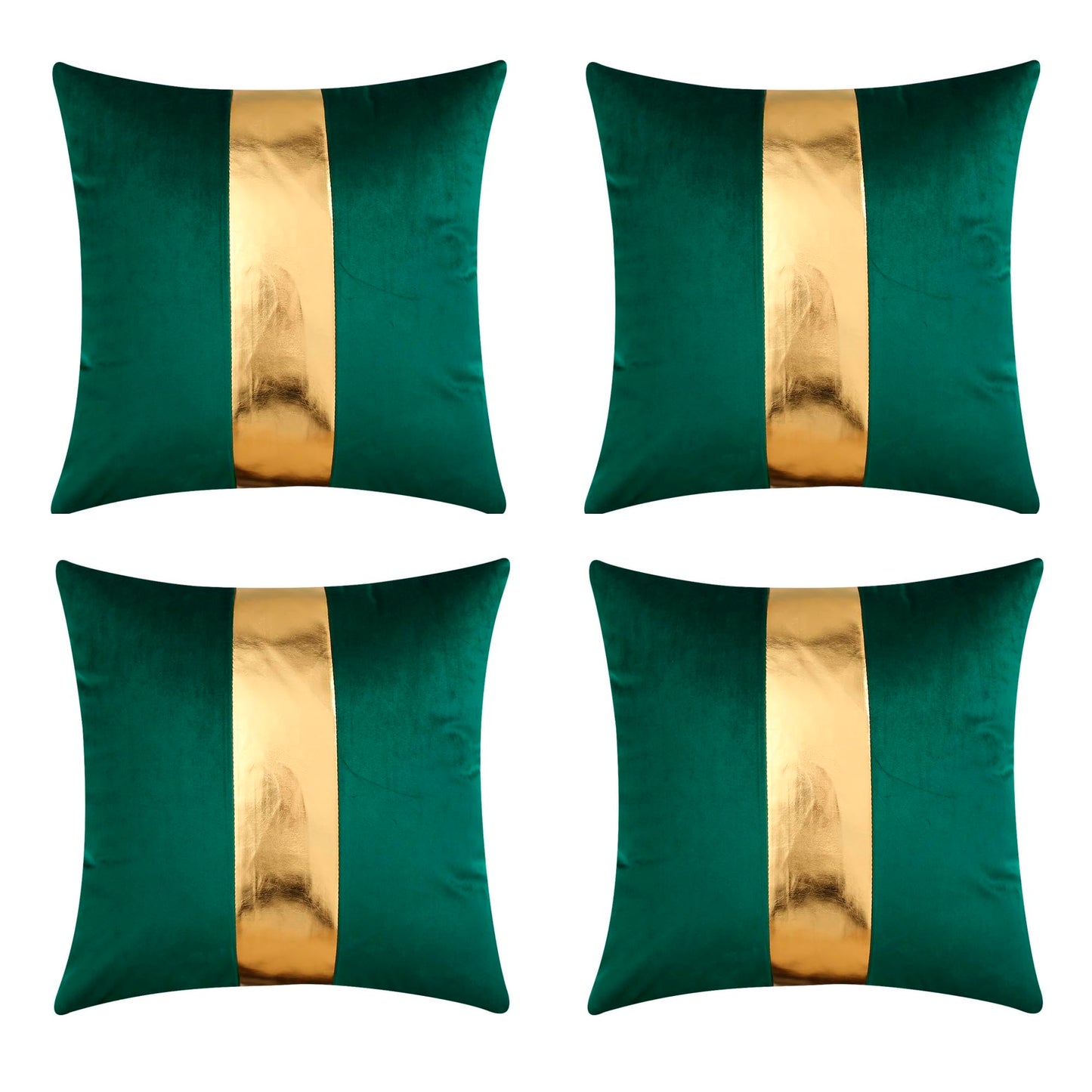 Gyulin Pack of 4,18x18 Inch Velvet Throw Pillow Covers with Gold Leather Striped Patchwork Stitching Luxury Modern Minimalist Square Pillowcase Cushion Covers for Bedroom Sofa Couch Living Room,Green