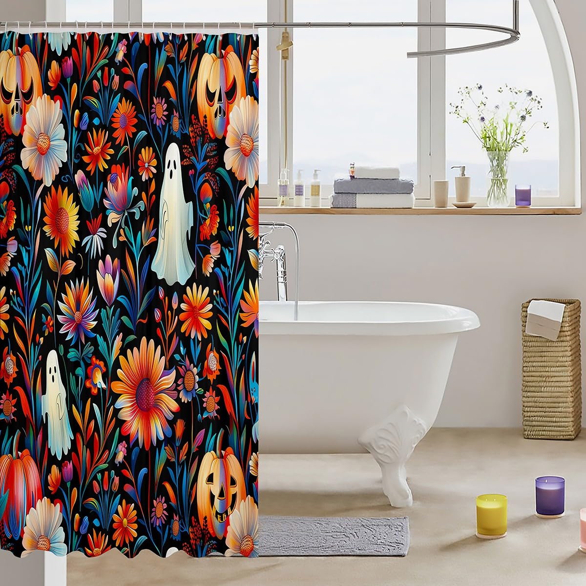 jejeloiu Halloween Bath Curtain 72"x78" Cute Ghost Shower Curtain for Bathroom Decor for Kids Teens Adults Floral Waterproof Polyester Fabric Unique Festival Room Decor All Season Soft