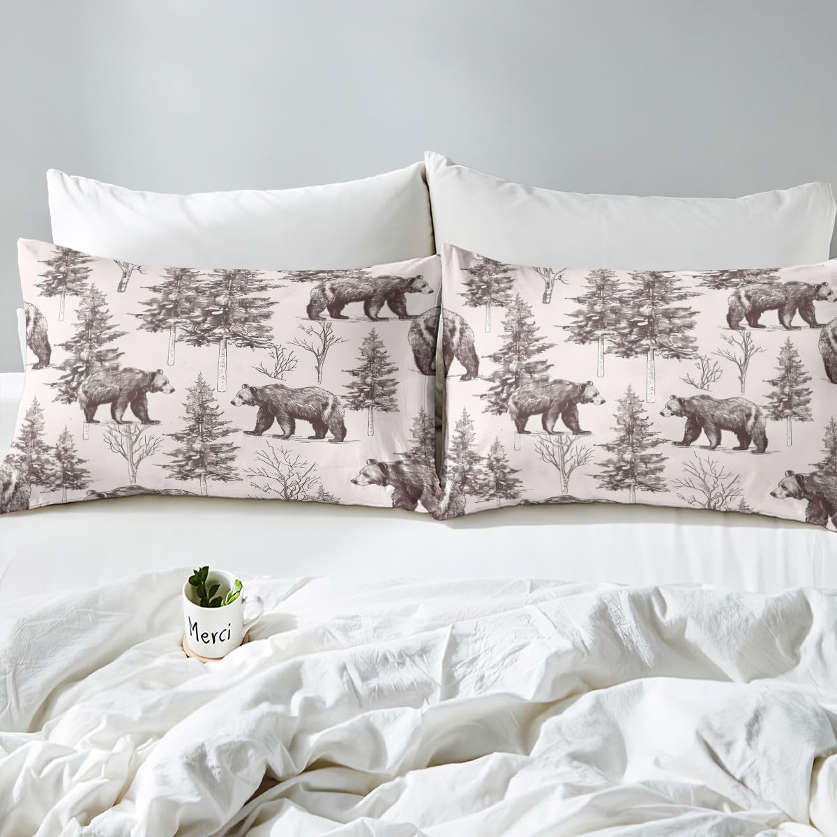 Erosebridal Bear Bedding Set for Kids Boys Girls Teens Adults Twin Size Bears and Baby Tree Branches Fitted Sheet Trees Winter Scene Wildlife Animal Shadow Bed Cover Bed Décor Breathable Durable