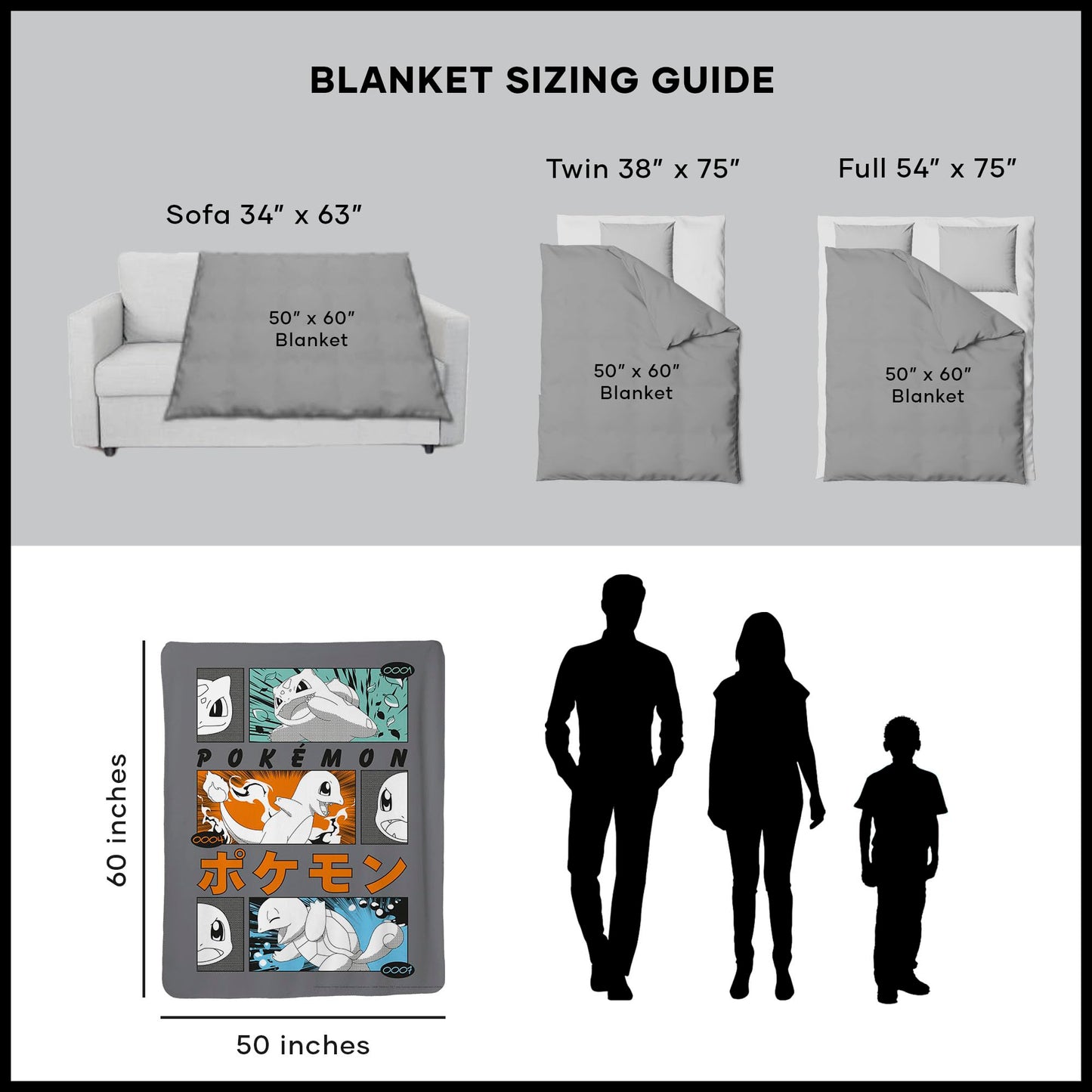 Northwest Pokemon Mink Sherpa Throw Blanket, 50" x 60", Grass, Fire, Water