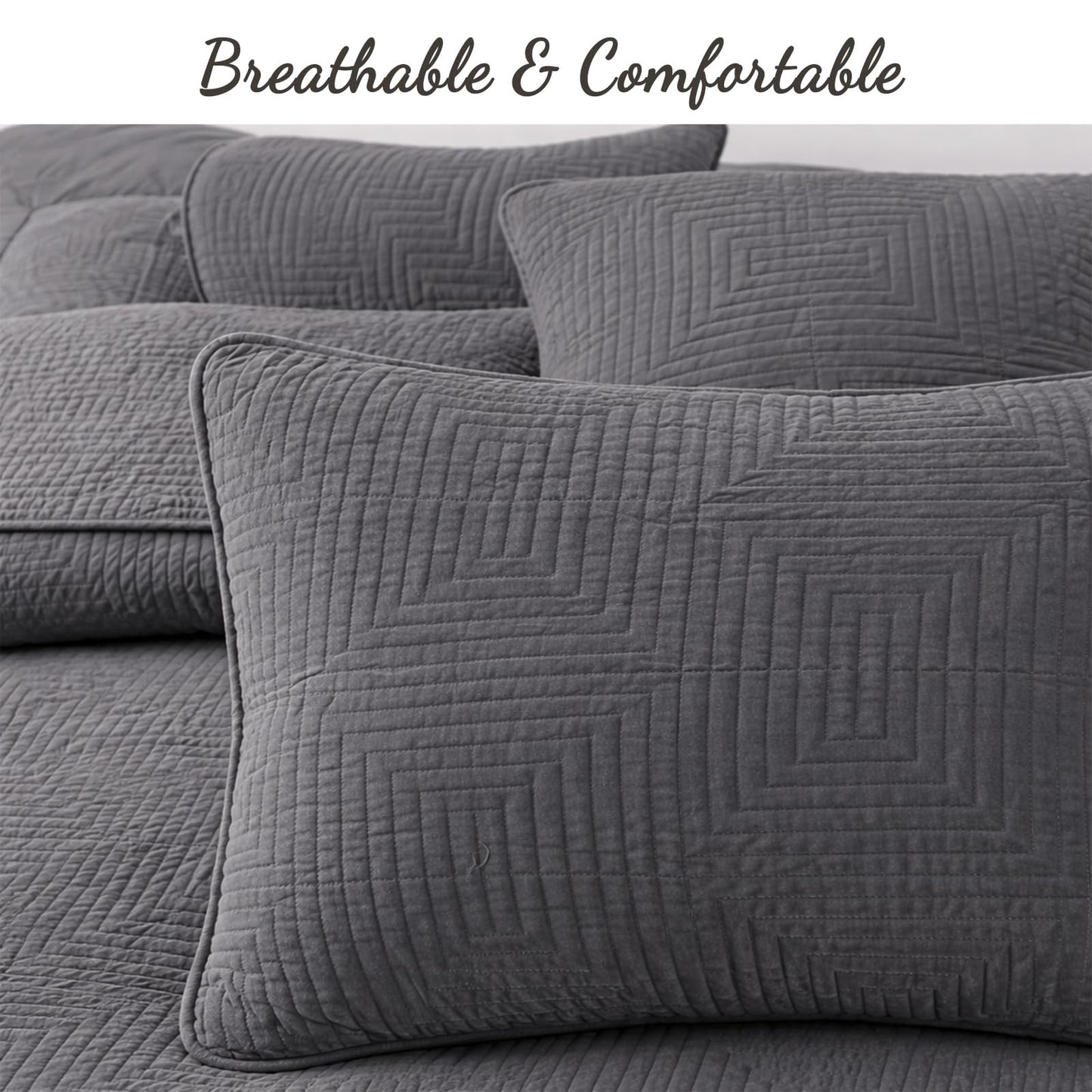 Cozy Line Home Fashions 100% Cotton Quilt Set – 3-Piece Charcoal Gray Geometric Basketweave Quilted Bedspread with Shams, Lightweight All Season Modern Bedding (Maze Gray, Queen)
