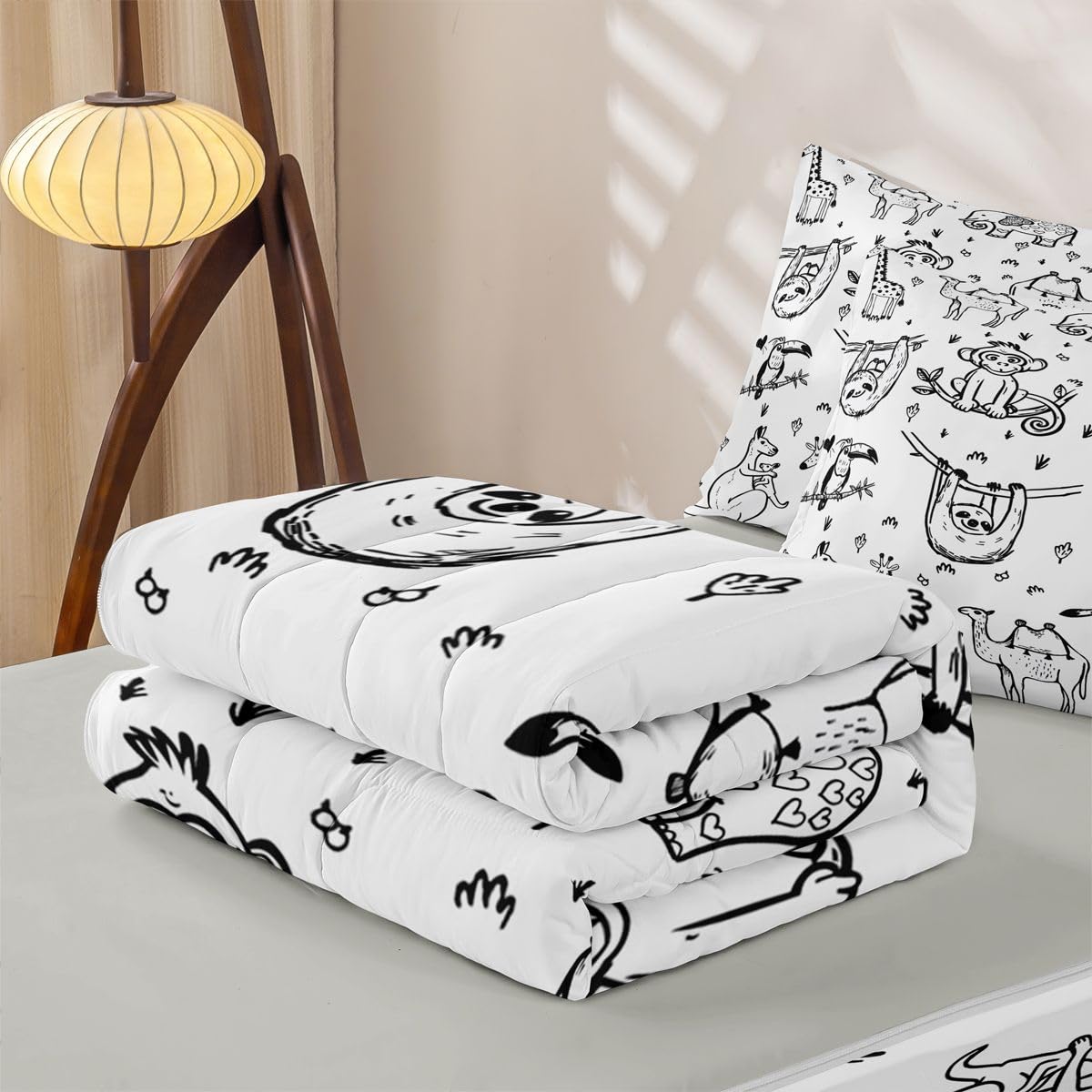 Erosebridal Cartoon Animals Zippered Bedding Set Twin Sketch Style Sloth Monkey Wildlife Comforter Set Cute Zoo Animals Bed in a Bag Giraffe Wildlife Zipper Quilt Fitted Sheet,2 Pillowcases