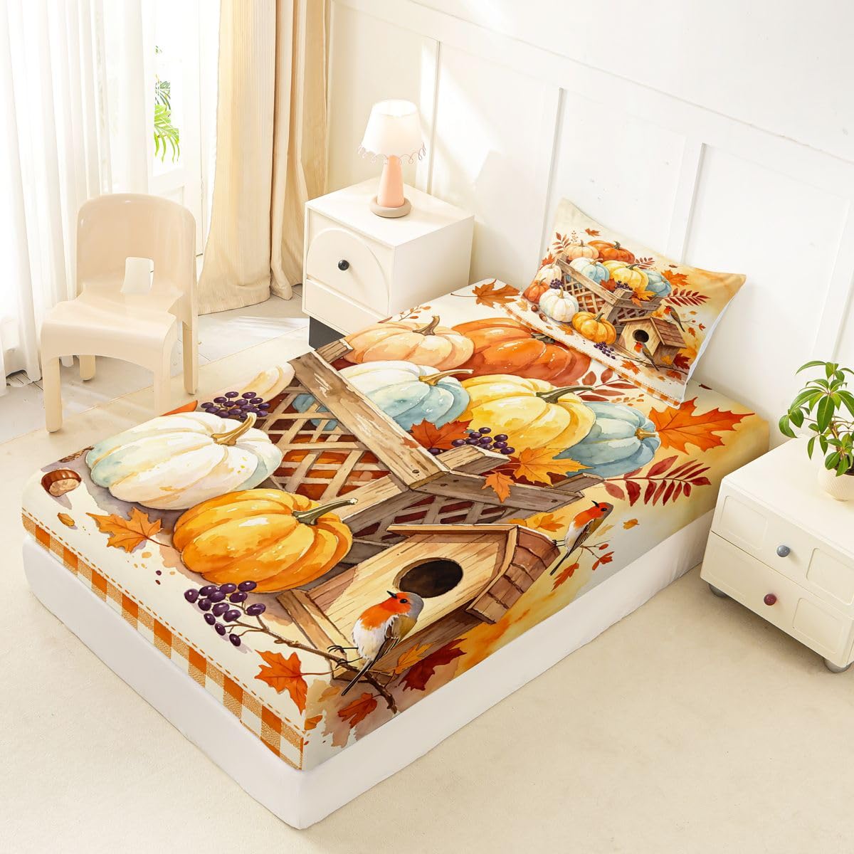 Erosebridal Harvest Pumpkin Bed Sheets Twin Size Orange Gingham Geometric Checkered Sheet Set Teens Adults Autumn Maple Leaf Bedding Set Happy Fall Thanksgiving Sheets