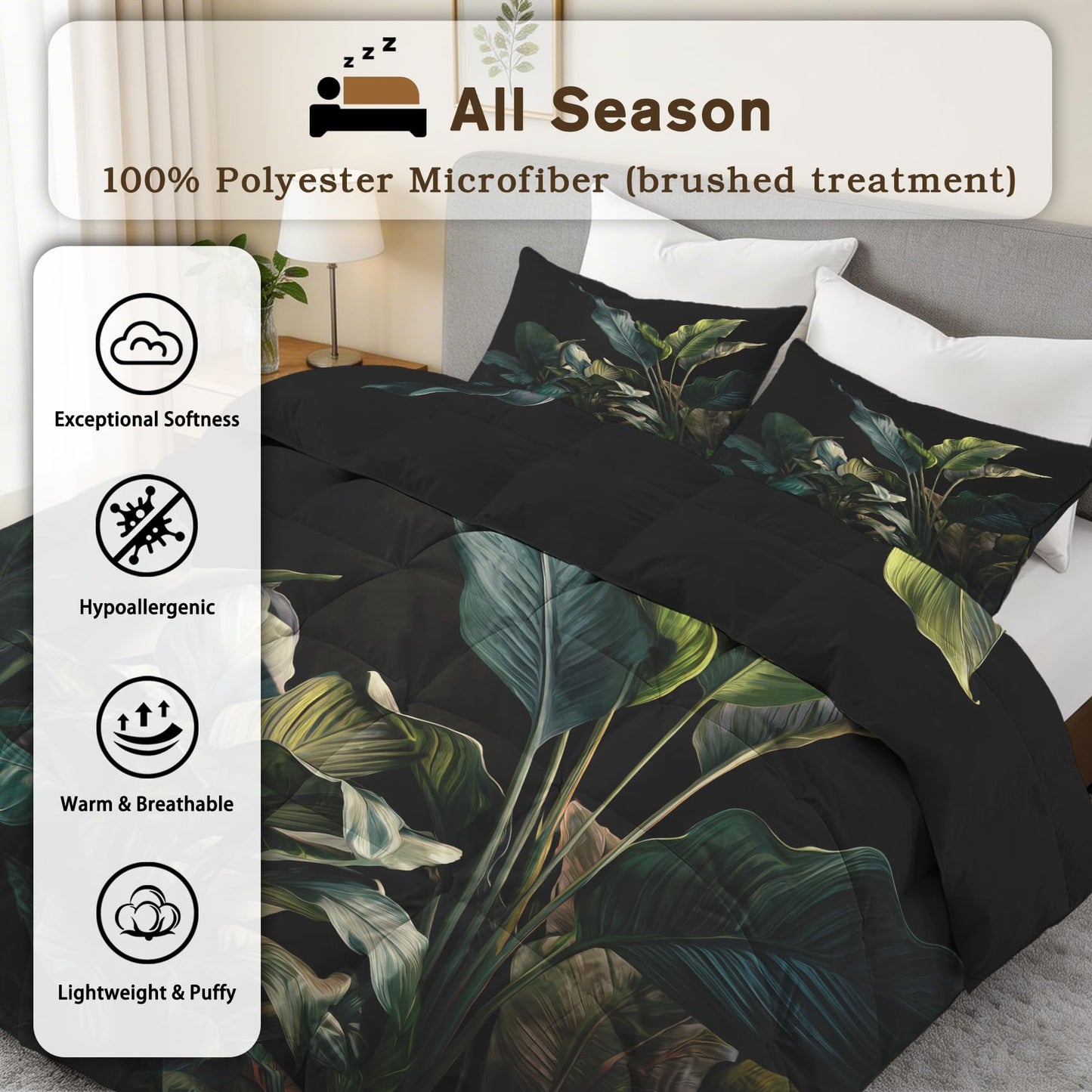 Tropical Leaves Comforter Set King Size 3Pc, Botanical Palm Leaf Pattern Down Alternative Bed Comforter, 2 Pillow Shams, Soft All Season Bedding, Tropical Leaves Bedroom Decor AF2445