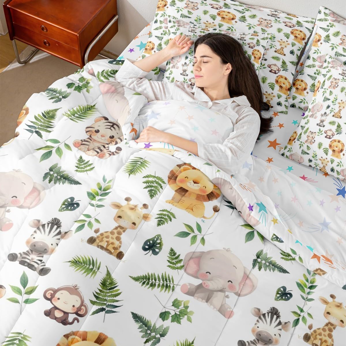 Erosebridal Cute Jungle Animal Twin Size Comforter Set with Sheets Kids Cartoon Zoo Animal 7-Piece Bedding Set Teens Giraffe Elephant Lion Bed in a Bag Green Palm Leaves Bed Quilt Sets