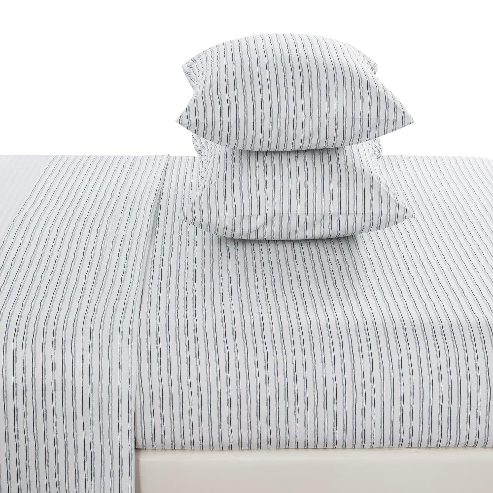 DAUAOTO King Size Cotton Bedding Printed Sheets Set, Up to 14" Deep Mattress, Hand Painted Striped Pattern Bedlinen Sets, Blue Stripe