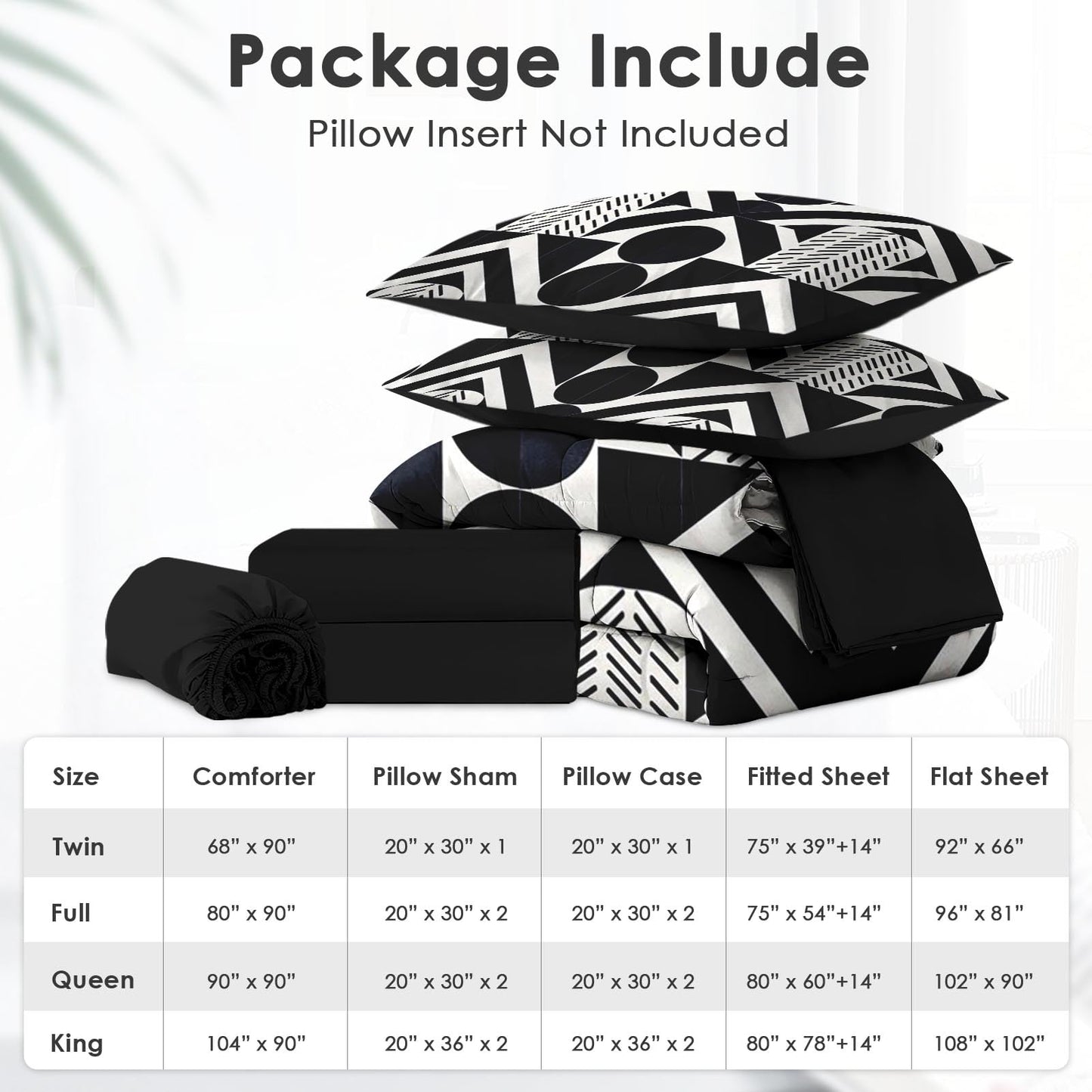 Boewywh Comforter Set Twin Size Geometric Modern Abstract 7 Pcs, Bedding for Kids and Adults, Black White Bed Sheet Sets with Fitted Sheet 2 Pillowcases & 2 Shams for Bedroom Bed Decor