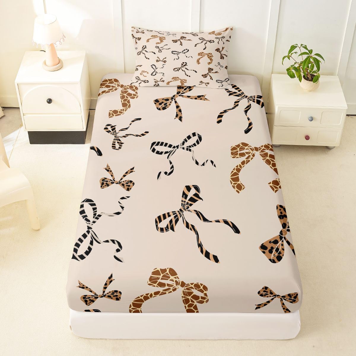 jejeloiu Brown Leopard Bow Fitted Sheet Twin Size for Kids Boys Girls Leopard Print Bowknot Bed Sheets Set 16" Deep Pocket Dreamy Princess Bowknot Bedding with 1 Pillowcase Room Decor