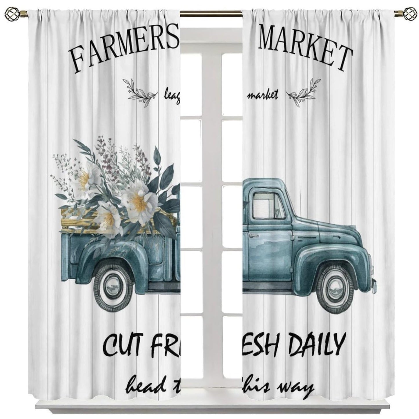 Nanacur Country Farmhouse Truck Curtains, Rural Farmhouse Truck Wooden Spring Flowers Plants Window Drapes, for Bedroom Living Room 42" W X 45" L (Decorative)