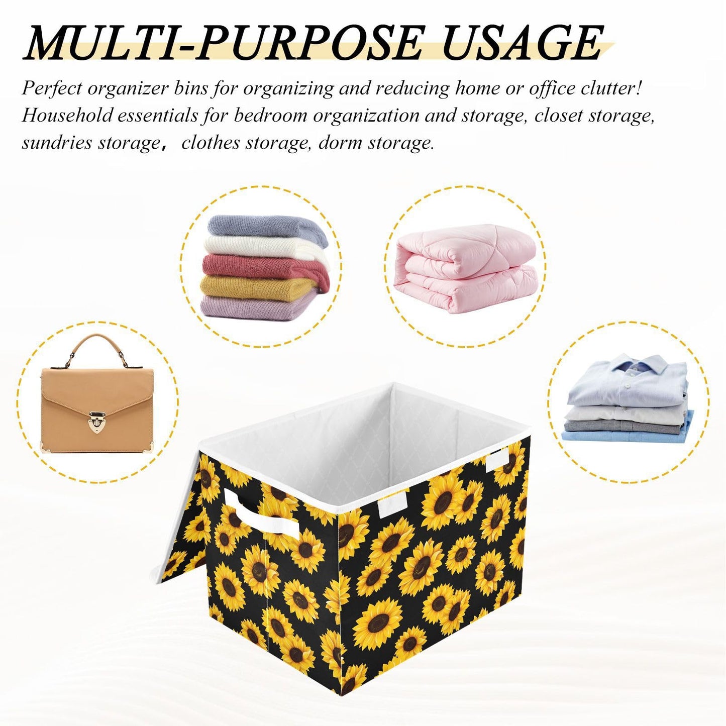 Large Collapsible Storage Bins with Lids, Sunflower Black Storage Baskets Organizer Containers with Handles for Clothes