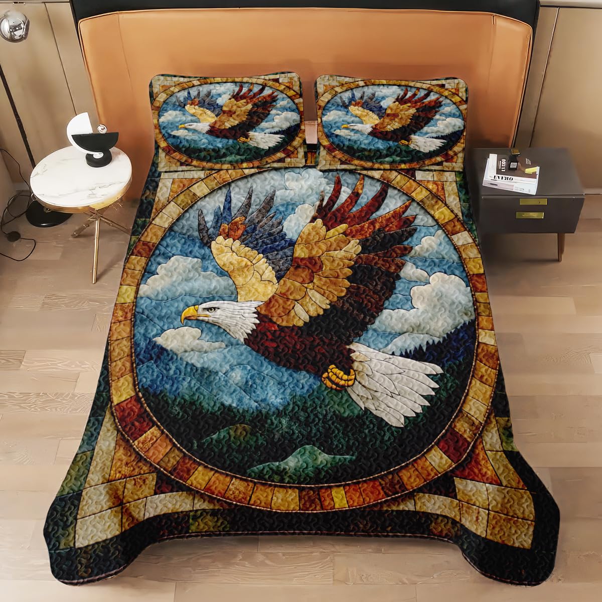 Jeminise Eagle Patchwork Printed Quilt Set, Animal Patchwork Eagle Quilt Set Throw Twin Size - Premium Pattern Quilt - Eagles Bedding Bedspread, Bedding Quilts Gift