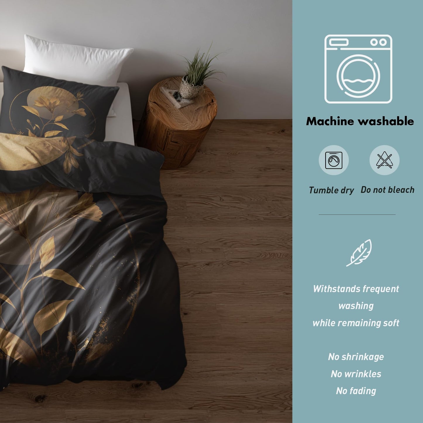 Golden Floral Moon Full Duvet Cover Set 3 Piece, Black Flower Reversible Bedding with 2 Pillow Shams, Zipper & Ties, Ultra Soft Microfiber, Floral Bedroom Decorations 69A-R