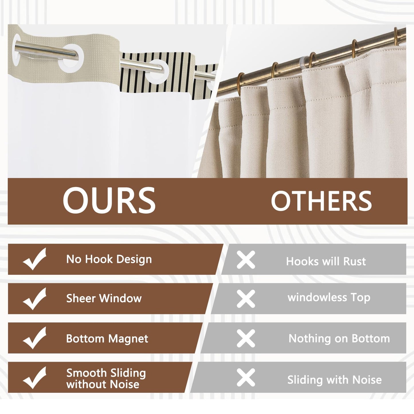 NAEMBCU No Hook Waffle Shower Curtain with Snap in Liner 71x74 Inch