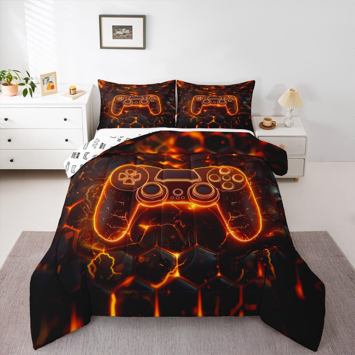Manfei Gaming Gamepad Kids Comforter Set Twin Size,Modern Video Games Controller Bedding Set,Boys Men Room Decor,Neon Geomotric Honeycomb Hexagon Down Comforter,Black Orange Duvet Insert,1 Pillowcase