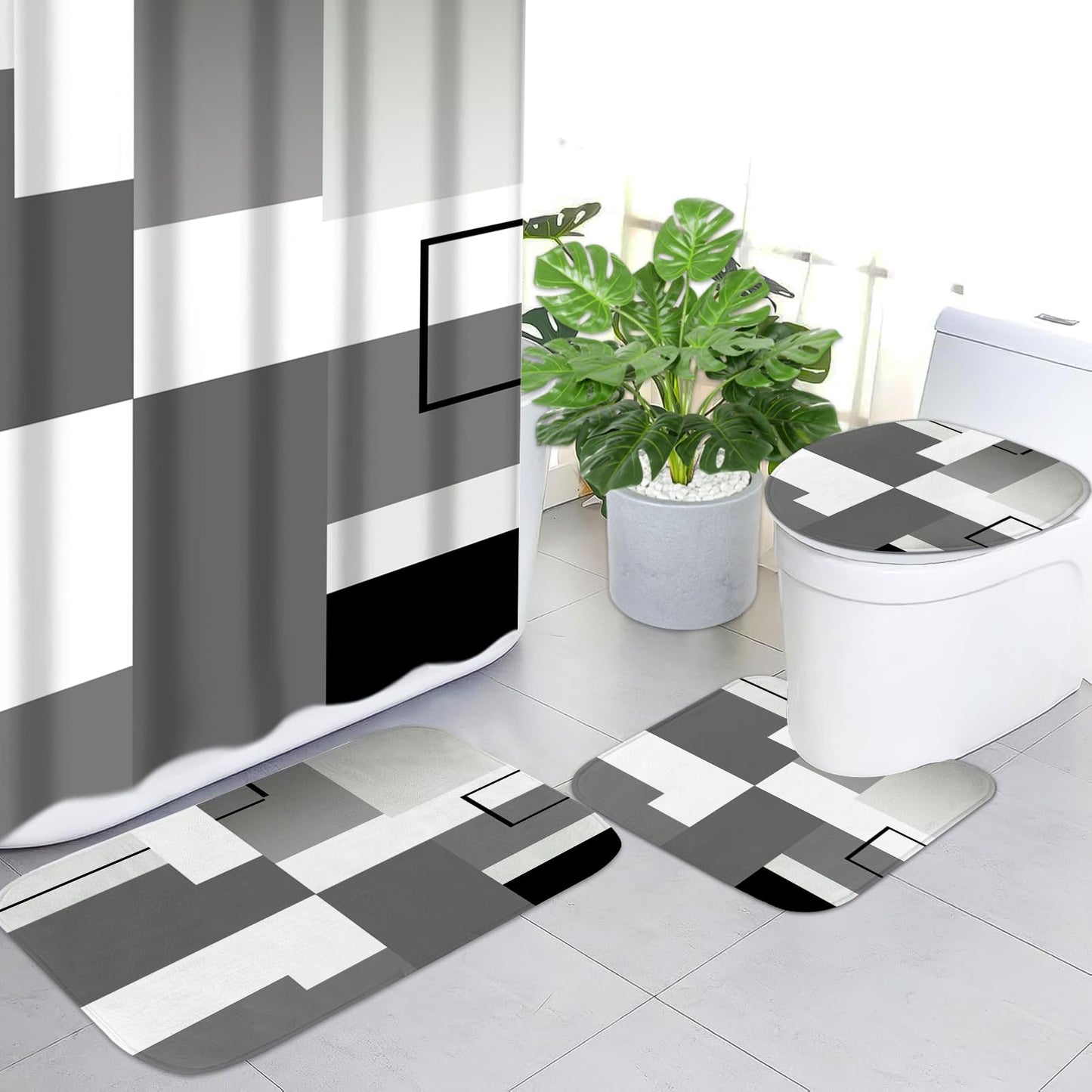 KINUUIS 4 Pcs Black Geometric Bathroom Shower Curtain Sets with with Toilet Lid Cover and Non-Slip Rugs, Black Modern Abstract Bathroom Decor Sets with Shower Curtain and Rugs for Bathroom