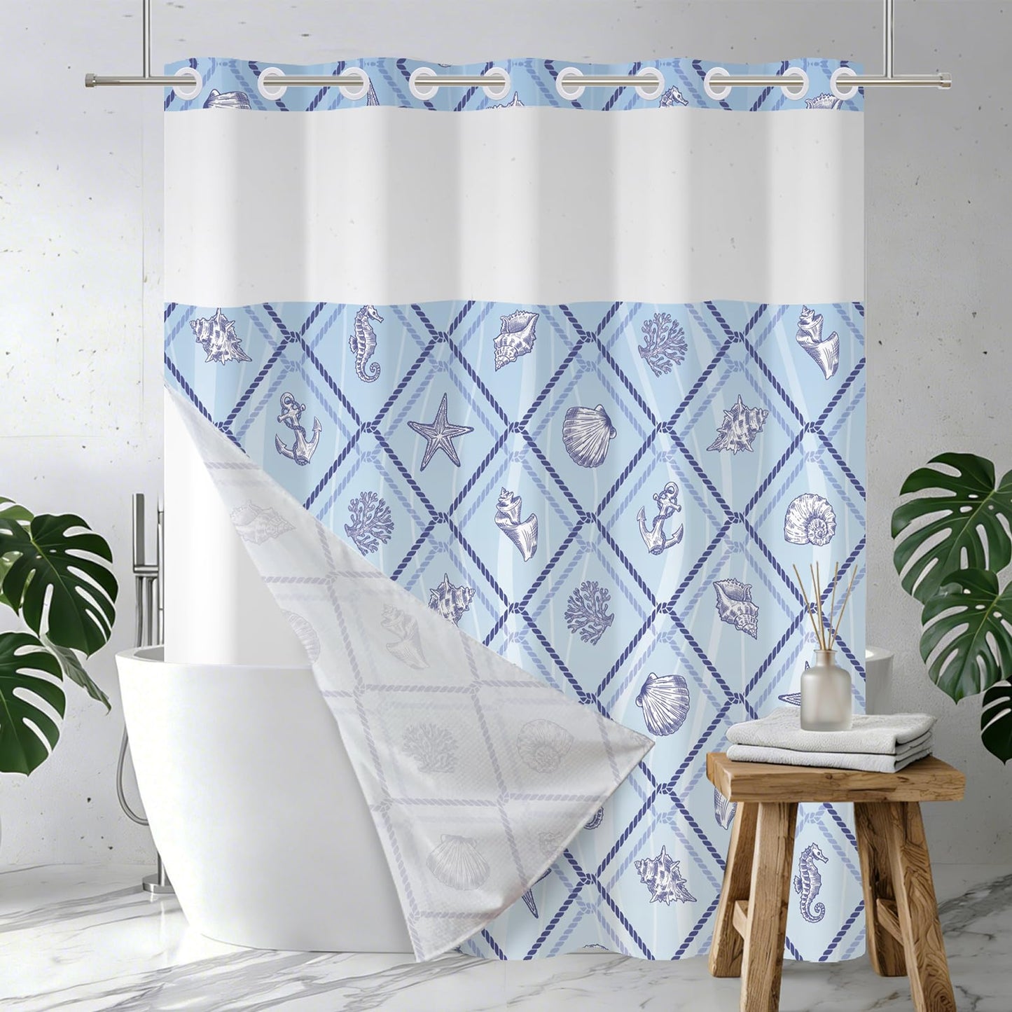 Xiazhilaio No Hook Ocean Shower Curtain with Snap in Liner 71W x 74H