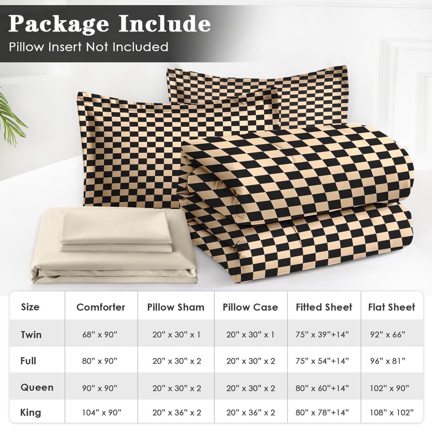 Checkerboard Grid Geometric Plaid Khaki Black Comforter Set 7 Pcs Full Size Quilt, Checkered Geometric Retro Soft Bedding Set with Flat and Fitted Sheet Pillowcases Sham for Adults Bedroom Bed Decor