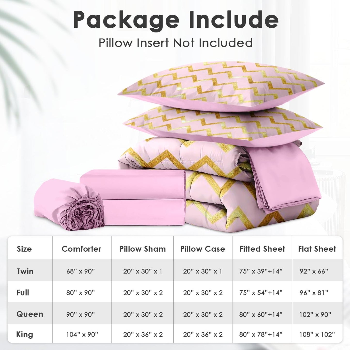 Boewywh Comforter Set Twin Size Gold Pink Glitter 7 Pcs, Bedding for Kids and Adults, Bed Sheet Sets with Fitted Sheet 2 Pillowcases & 2 Shams for Bedroom Bed Decor