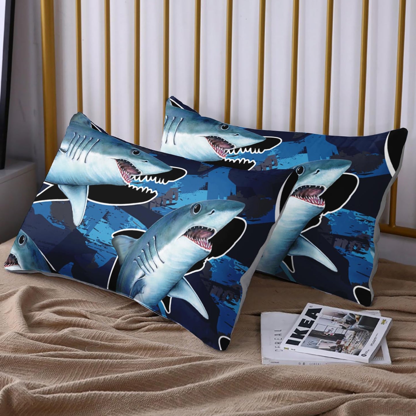 HOSIMA Blue Shark Fitted Sheet Set for Adults Kids,Cartoon Shark Pattern Bedding Set Full Size,Blue Ocean Animal Themed Fitted Sheet Set for Boys Room Decor,1 Fitted Sheet+2 Pillowcases.