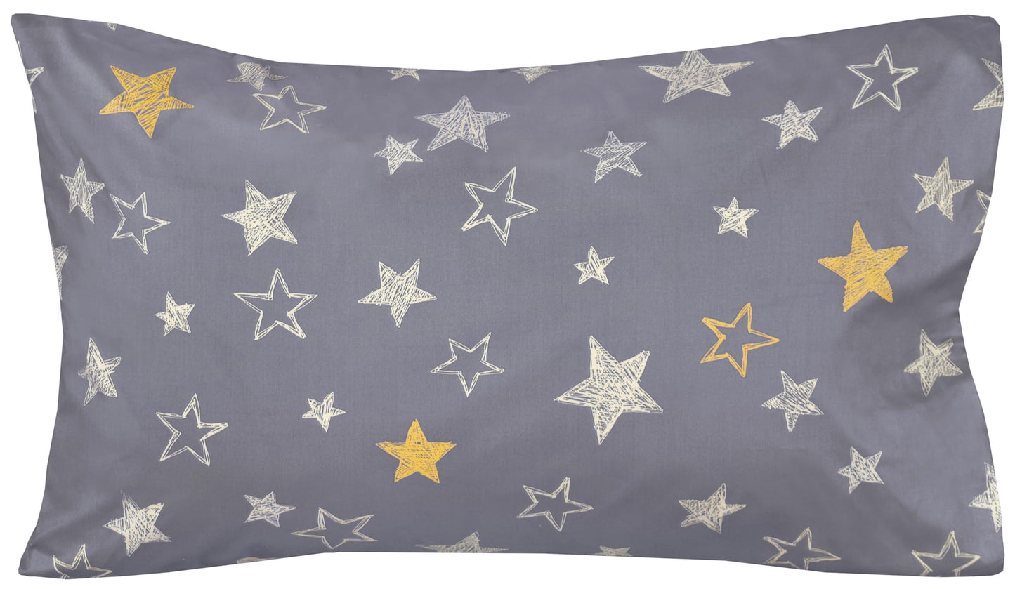 J-pinno Twinkling Stars Yellow Silvery Grey Hand Drawn Cute Cartoon 100% Cotton 3 Pieces Twin Sheet Set for Kids Boys Children Flat Sheet + Fitted Sheet + Pillowcase Bedding Decoration Gift Set