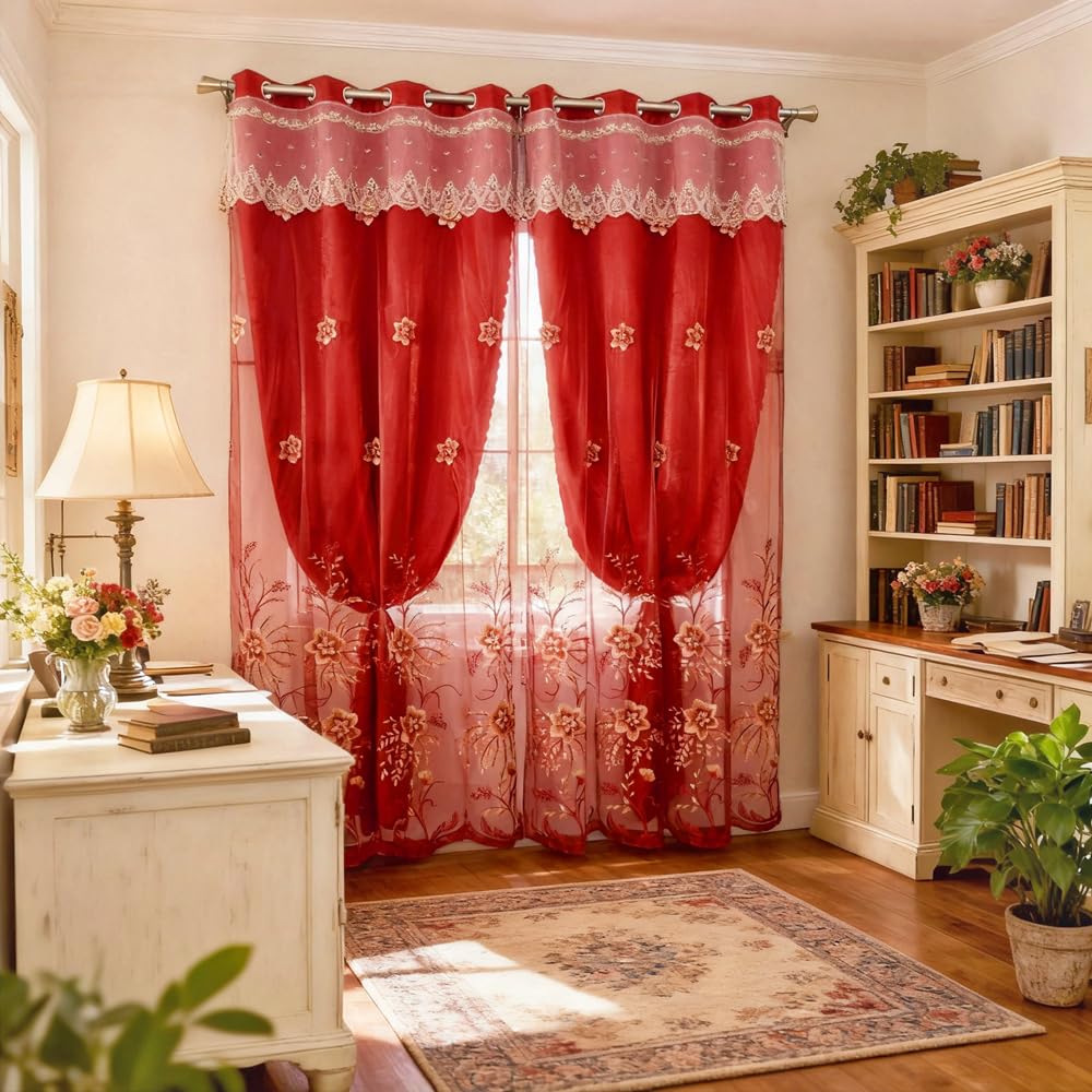 Amidoudou 1 Pair European Double Layer Curtains for Living Room Bedroom Luxury Flower Embroidered Curtains with Valance (Red,52x95 Inch)