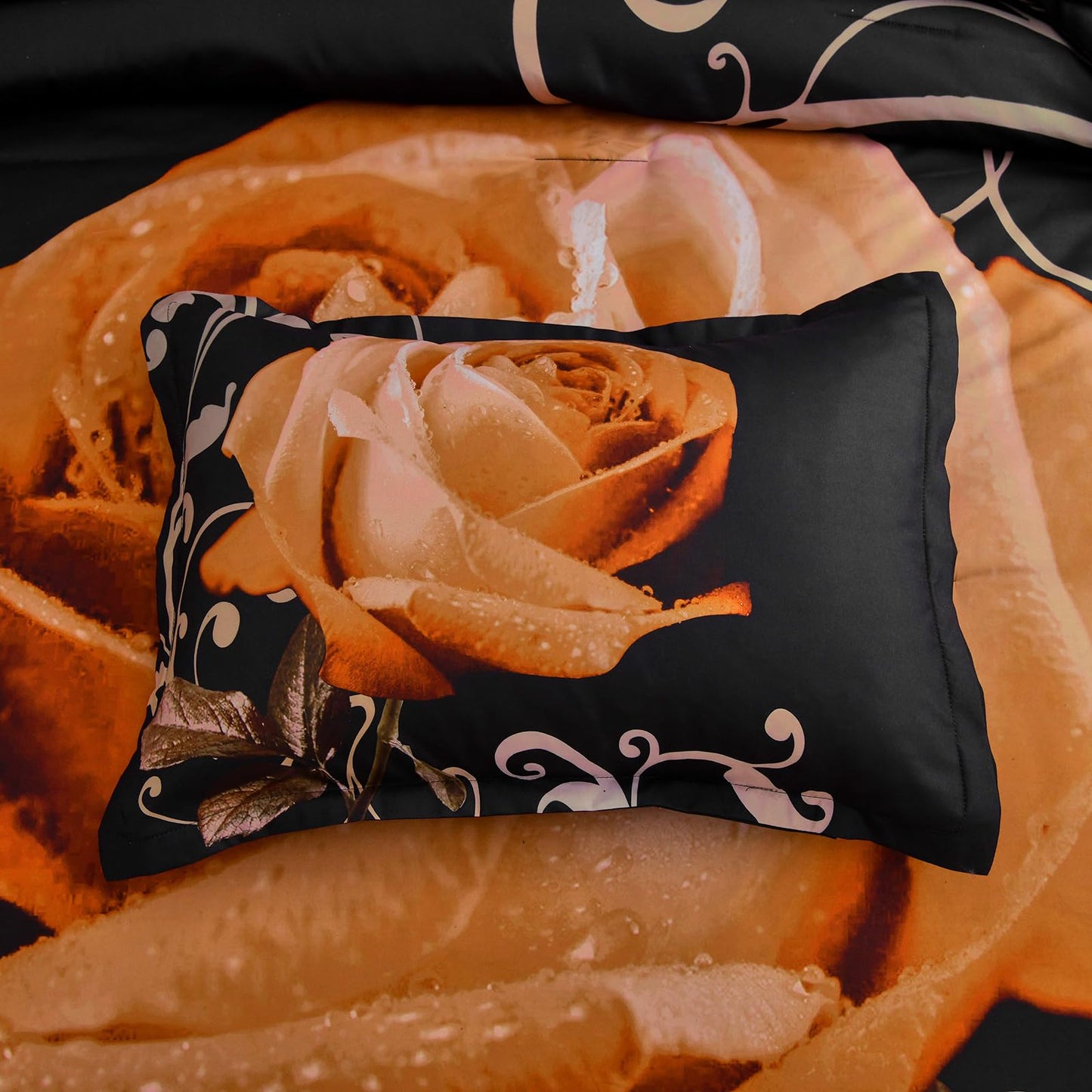 Xruibed Floral Comforter Set King 7 Piece Bed in a Bag Orange Rose Flower Comforter with Sheet Set Soft Micorfiber Bedding Set (1 Comforter,2 Pillow Shams,1 Flat Sheet,1 Fitted Sheet,2 Pillowcases)