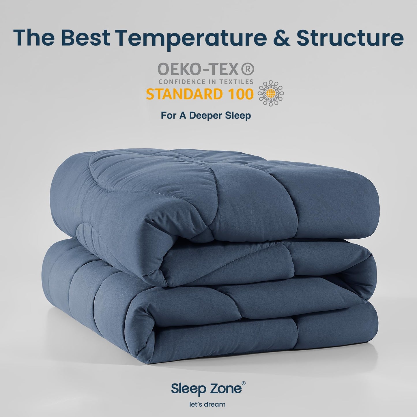 SLEEP ZONE Comforter Duvet Insert, Queen Size Quilted Reversible Comforters, Soft All Season Duvet, Down Alternative Breathable Bedding with 8 tabs, 2 Sides Flint Blue 88 x 88 Inches